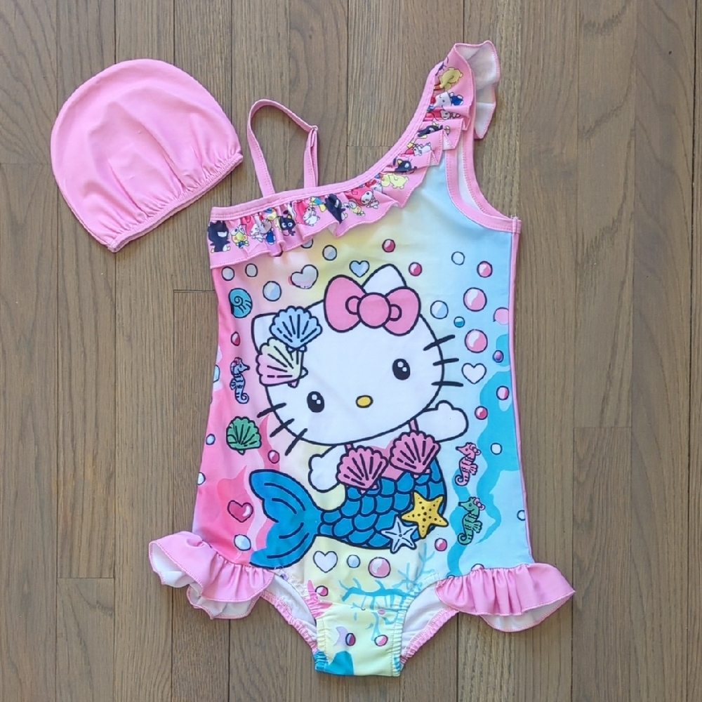 Hello Kitty Mermaid One-Piece Swimsuit in Pastel Pink and Blue With Swim Cap